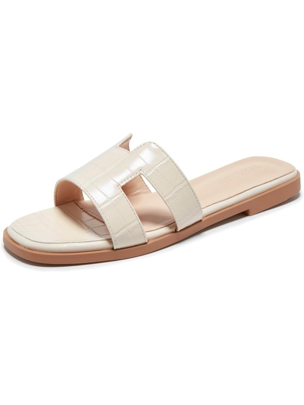 Women's Cream Faux Leather Cute Fashion Open Square Toe H Strap Flat Sandals